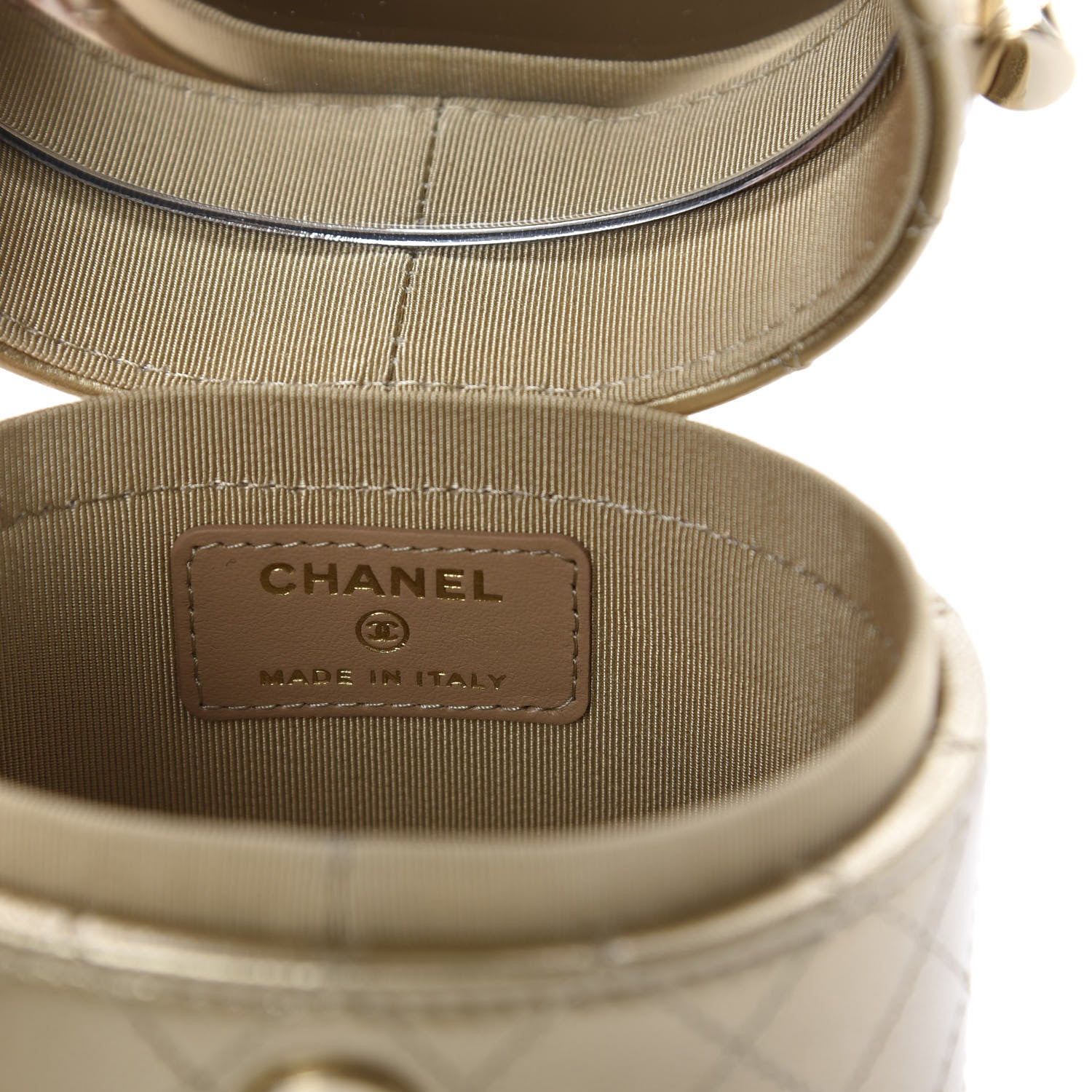 Chanel Metallic Lambskin Quilted Round Mini Vanity Case With Chain Gold 8 of 11