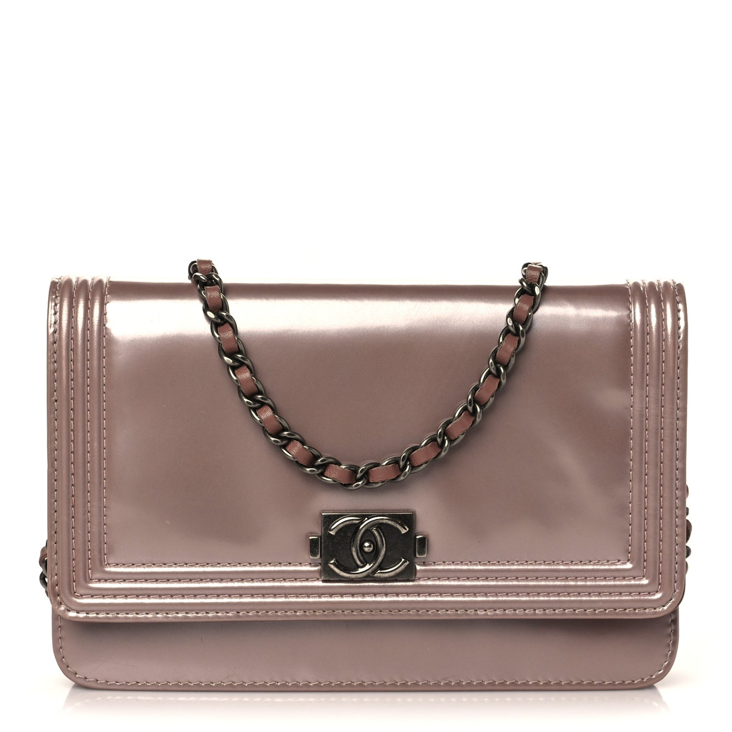 Metallic Glazed Calfskin Boy Wallet On Chain WOC Pink
