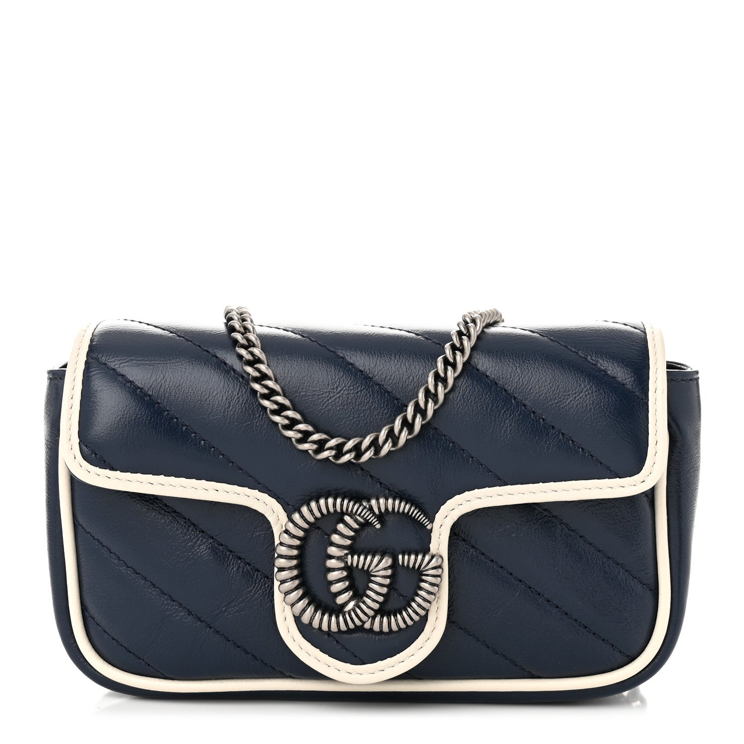 Gucci Vintage Effect Calfskin Matelasse Diagonal Super Mini Torchon GG Marmont Shoulder Bag Blue Agata Mystic White 1 of 10
