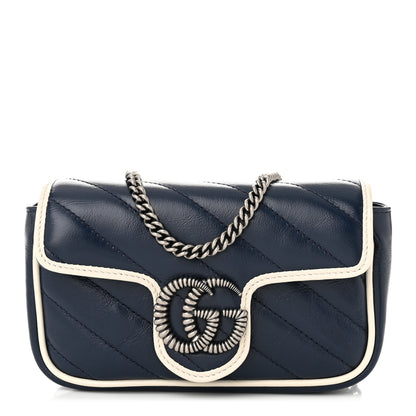 Gucci Vintage Effect Calfskin Matelasse Diagonal Super Mini Torchon GG Marmont Shoulder Bag Blue Agata Mystic White 1 of 10