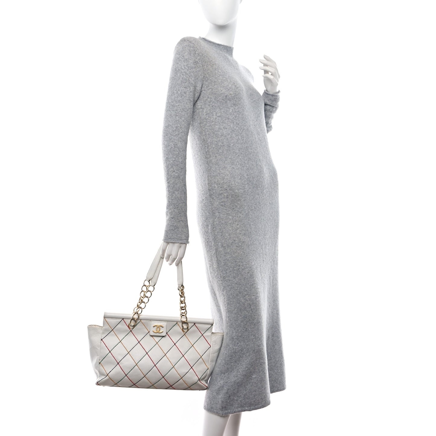Calfskin Multicolor Stitch Tote White