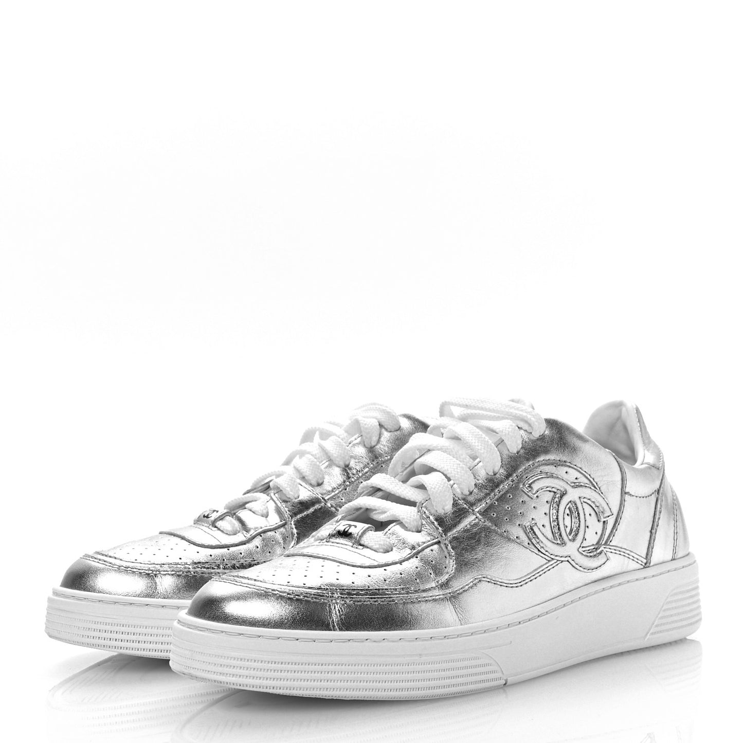Laminated Calfskin CC Womens Sneakers 38 Silver