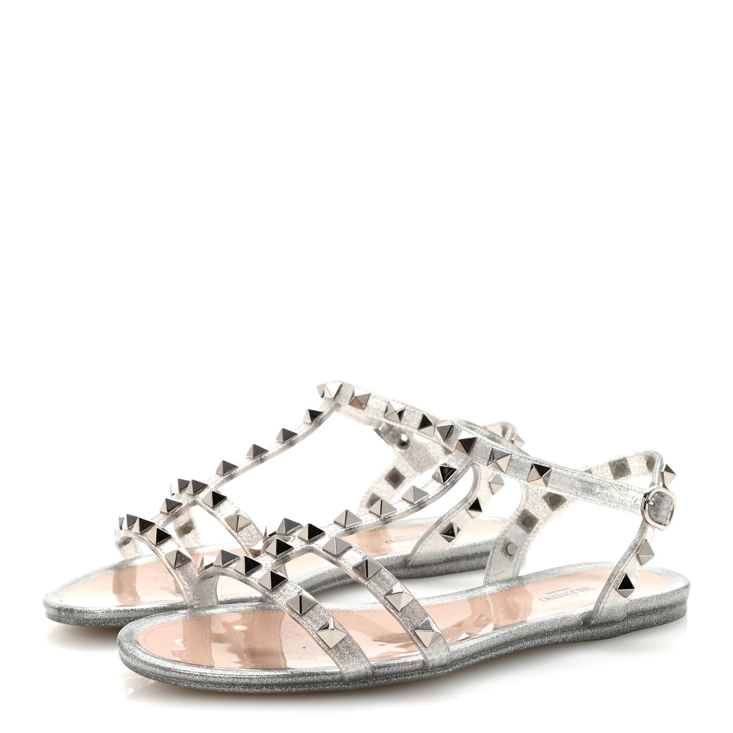 PVC Jelly Glitter Rockstud Caged Flat Thong Sandals 36 Silver