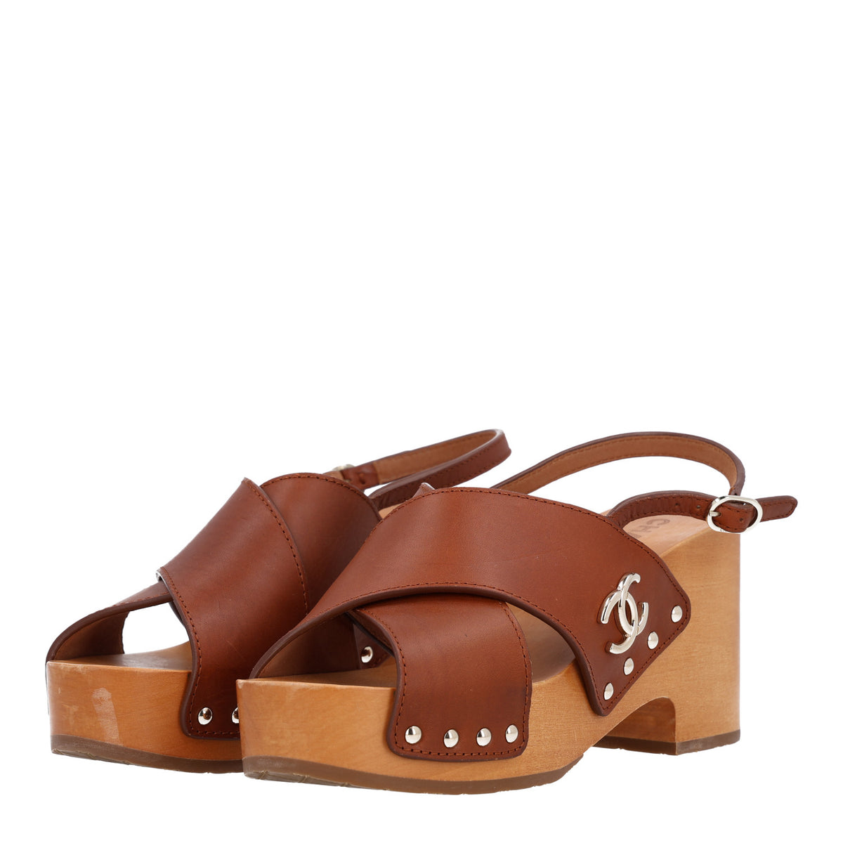 Calfskin Studded Slingback Clog Sandals 38 Dark Brown