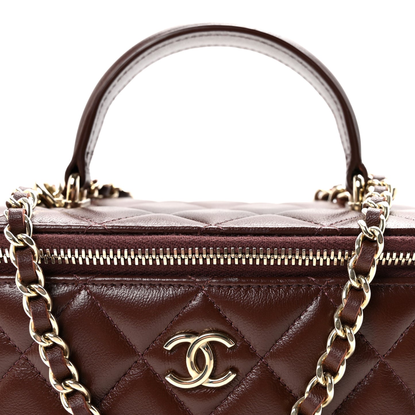 Lambskin Quilted Small Top Handle Vanity Case With Chain Dark Brown