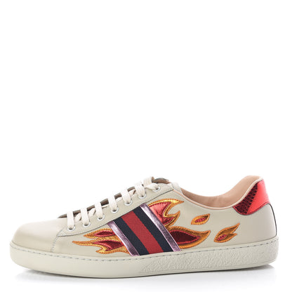 Gucci Calfskin Ayers Web Flames Embroidered Mens Ace Sneakers 10 Off White 1 of 8