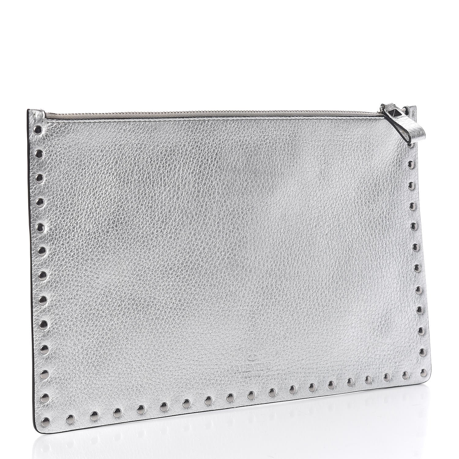 Valentino Garavani Metallic Pebbled Calfskin Large Rockstud Zip Pouch Silver 3 of 7