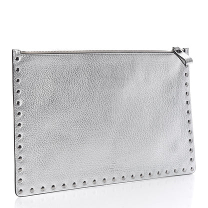 Valentino Garavani Metallic Pebbled Calfskin Large Rockstud Zip Pouch Silver 3 of 7