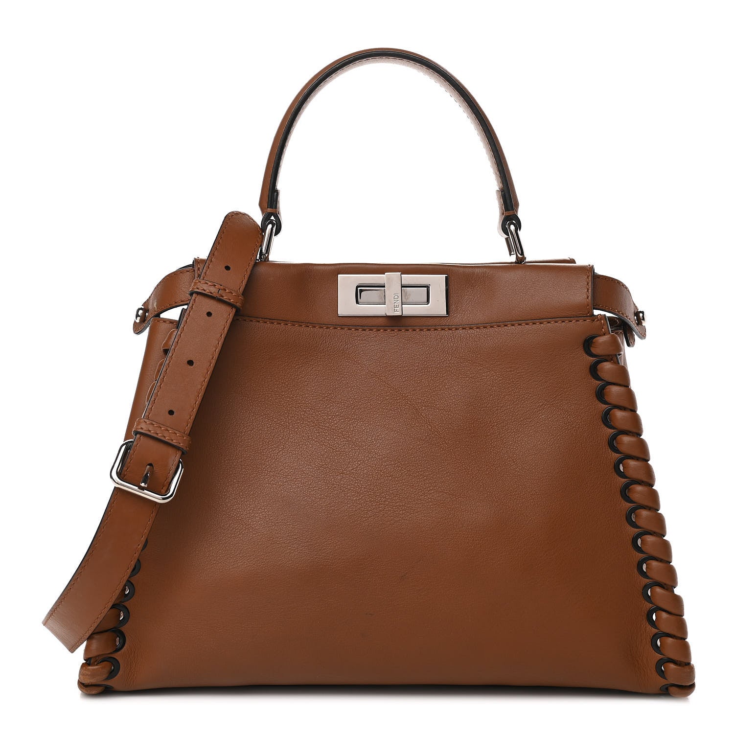 Fendi Calfskin Lace Up Medium Peekaboo Iconic Satchel Cognac 1 of 17