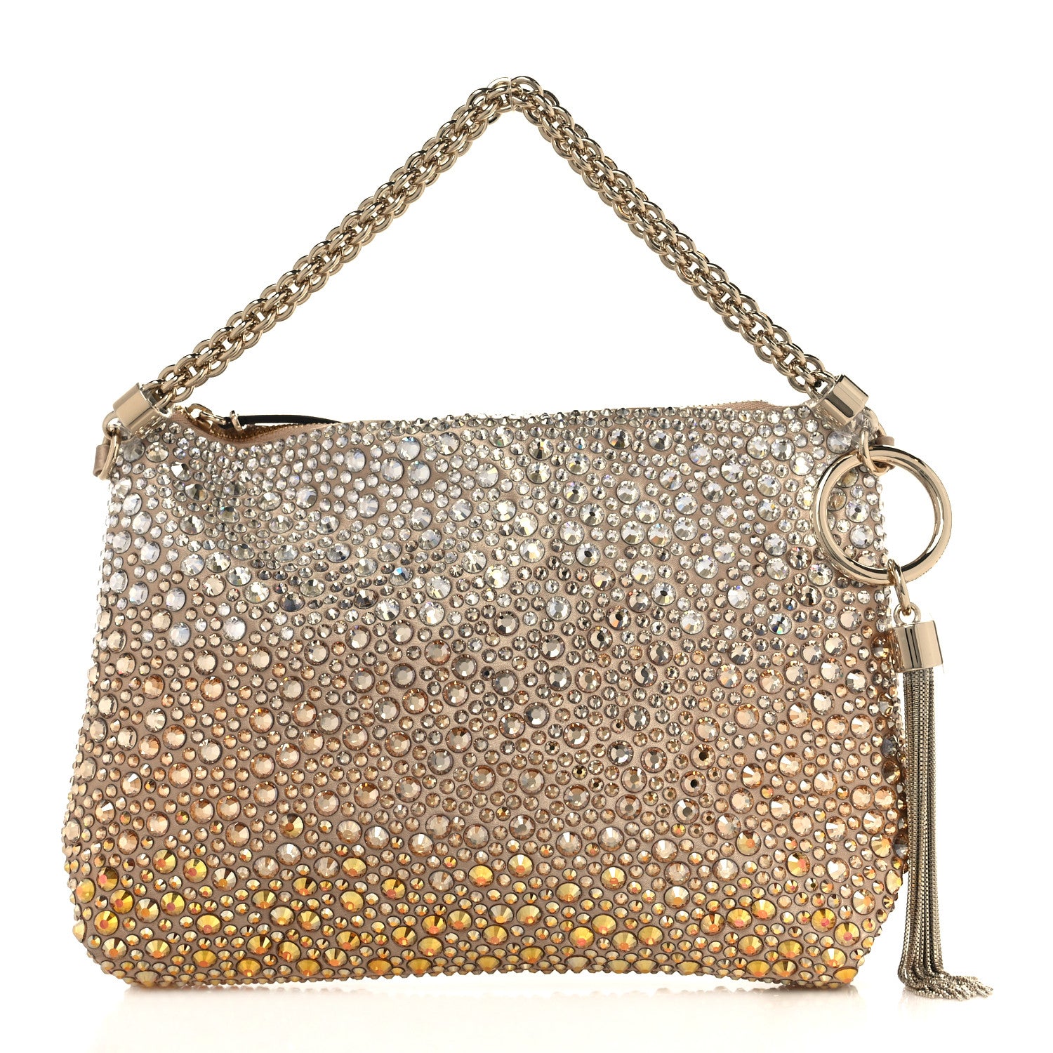 Jimmy Choo Satin Crystal Embellished Callie Tasseled Clutch Gold 1 of 9