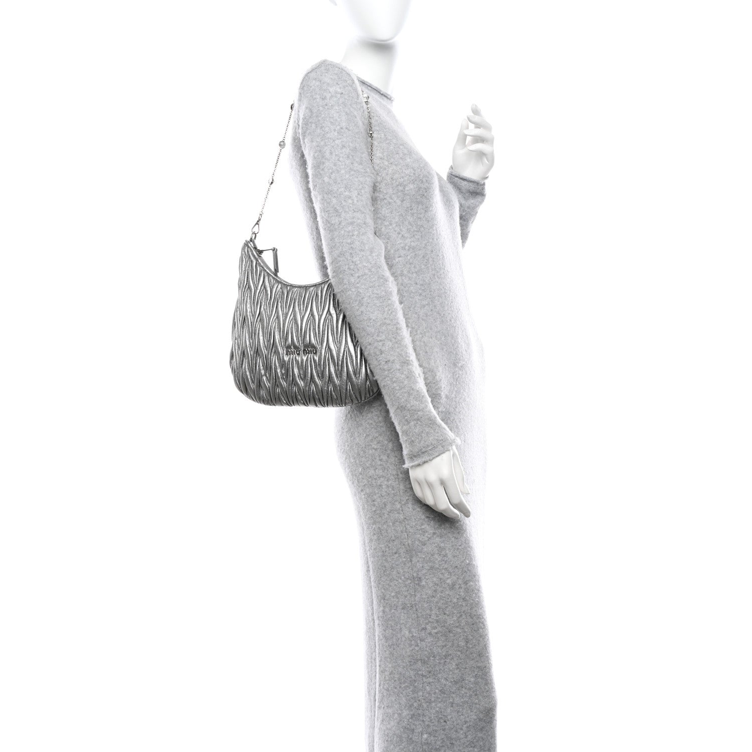 Miu Miu Metallic Nappa Matelasse Crystal Shoulder Bag Cromo 2 of 10