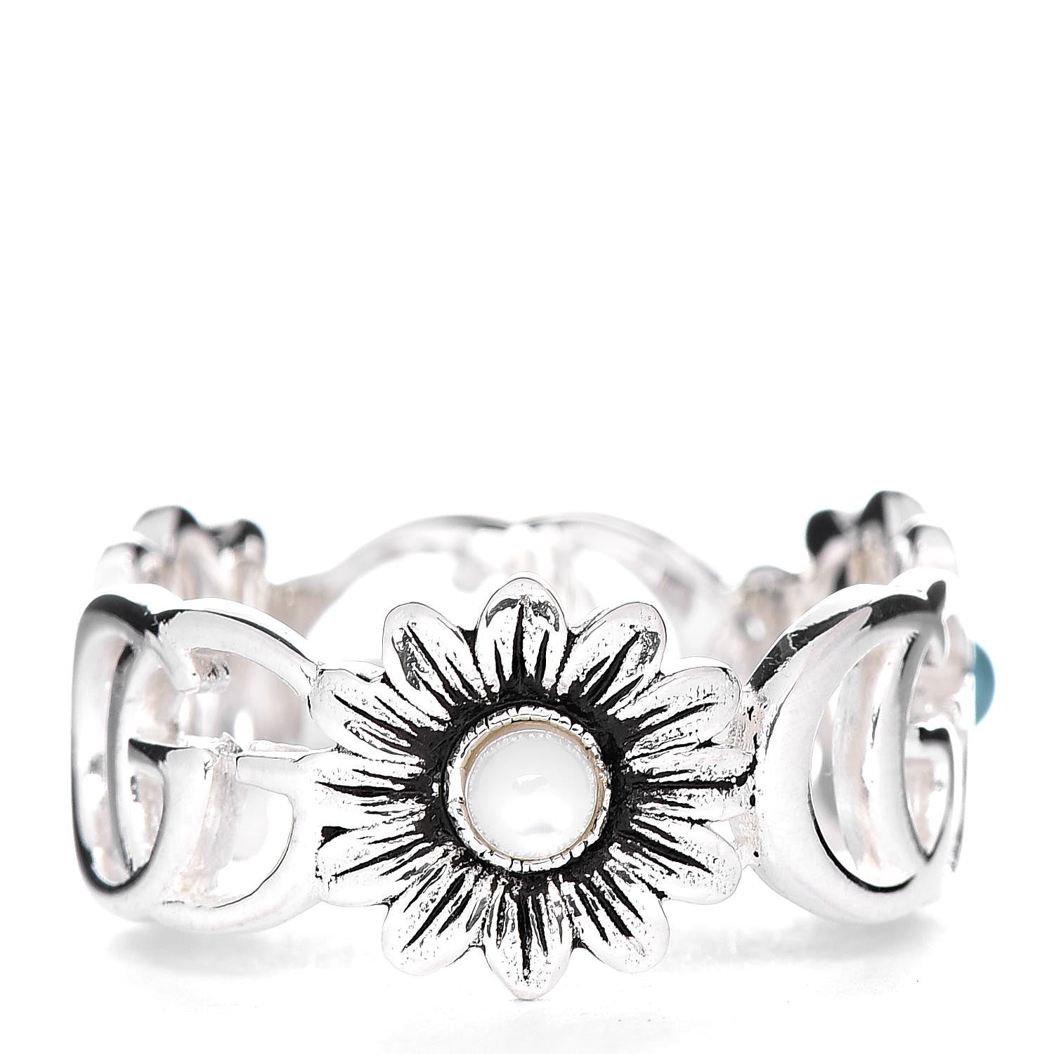 Gucci Sterling Silver Blue Topaz Mother of Pearl Turquoise Resin Double G Flower Ring 57 8 4 of 7