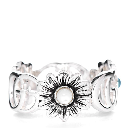 Gucci Sterling Silver Blue Topaz Mother of Pearl Turquoise Resin Double G Flower Ring 57 8 4 of 7