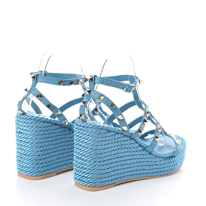 Valentino Garavani Calfskin Rockstud Ankle Strap Torchon Espadrille Caged 25/90mm Wedge Sandals 37 Cerulean 4 of 7