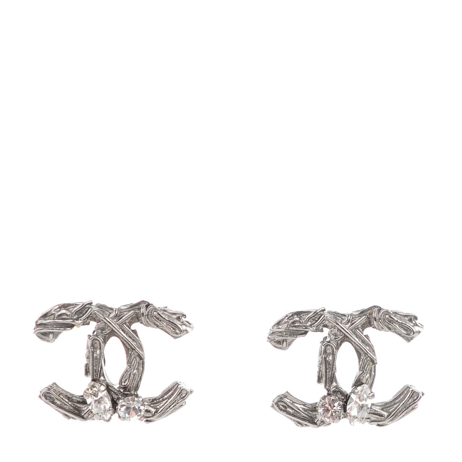 Chanel Crystal Textured CC Earrings Silver 1 of 5