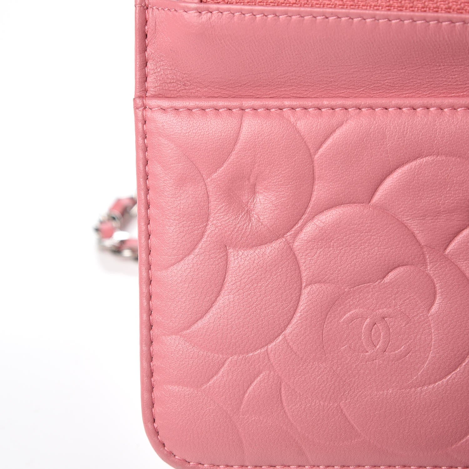 Chanel Lambskin Camellia Embossed Wallet On Chain WOC Pink 10 of 13