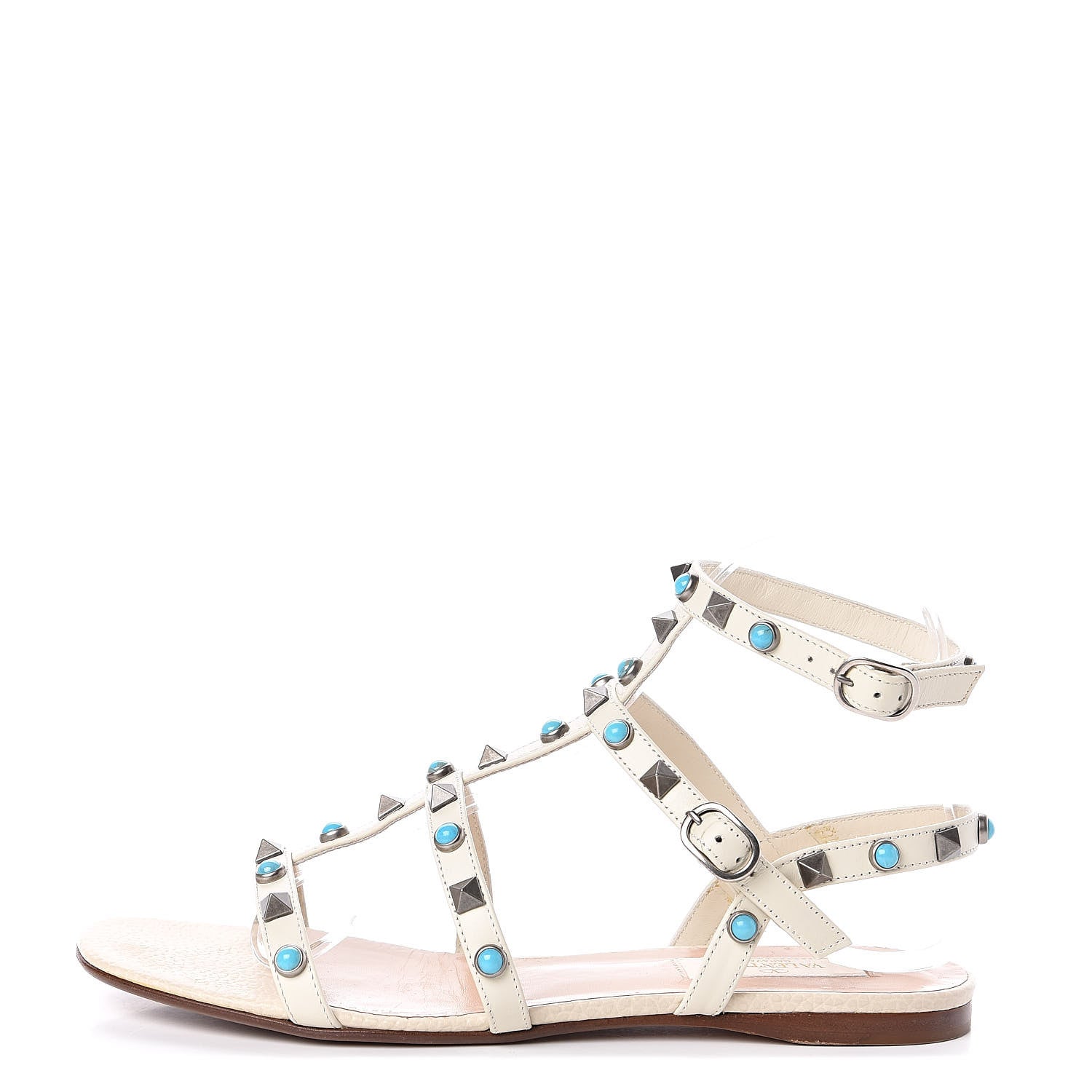 Valentino Garavani Calfskin Turquoise Rockstud Rolling Gladiator Flat Sandals 37 Light Ivory 1 of 8