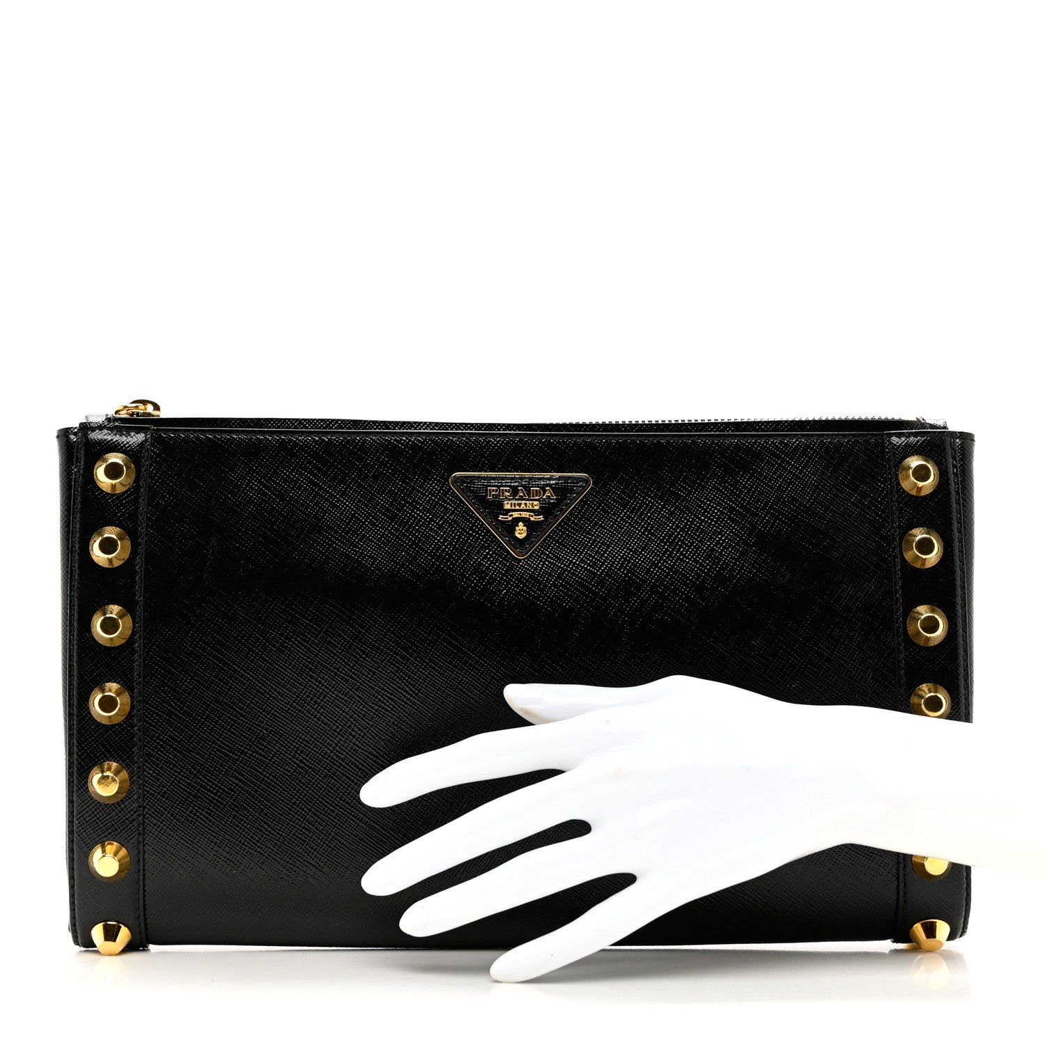 Prada Saffiano Vernice Studded Clutch Black 2 of 6