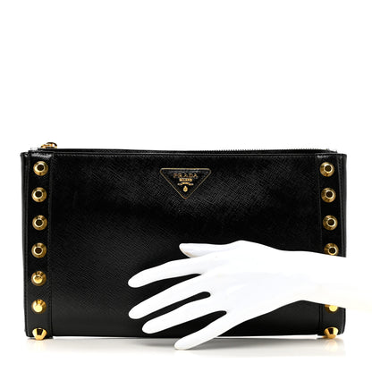 Prada Saffiano Vernice Studded Clutch Black 2 of 6