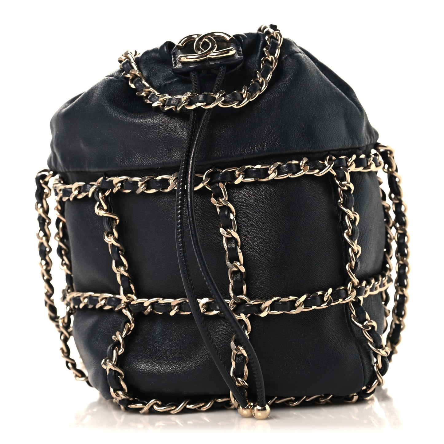 Lambskin Bucket Chain Drawstring Bag Black