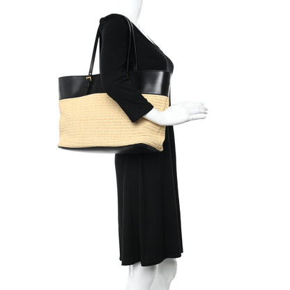Saint Laurent Calfskin Raffia Medium Shopper Tote Naturale Black Naturale Black 2 of 9