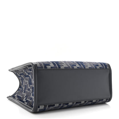 Fendi Chenille Vitello Grace FF Embroidered Small Fendi Sunshine Shopper Tote Dark Blue Grey 4 of 10