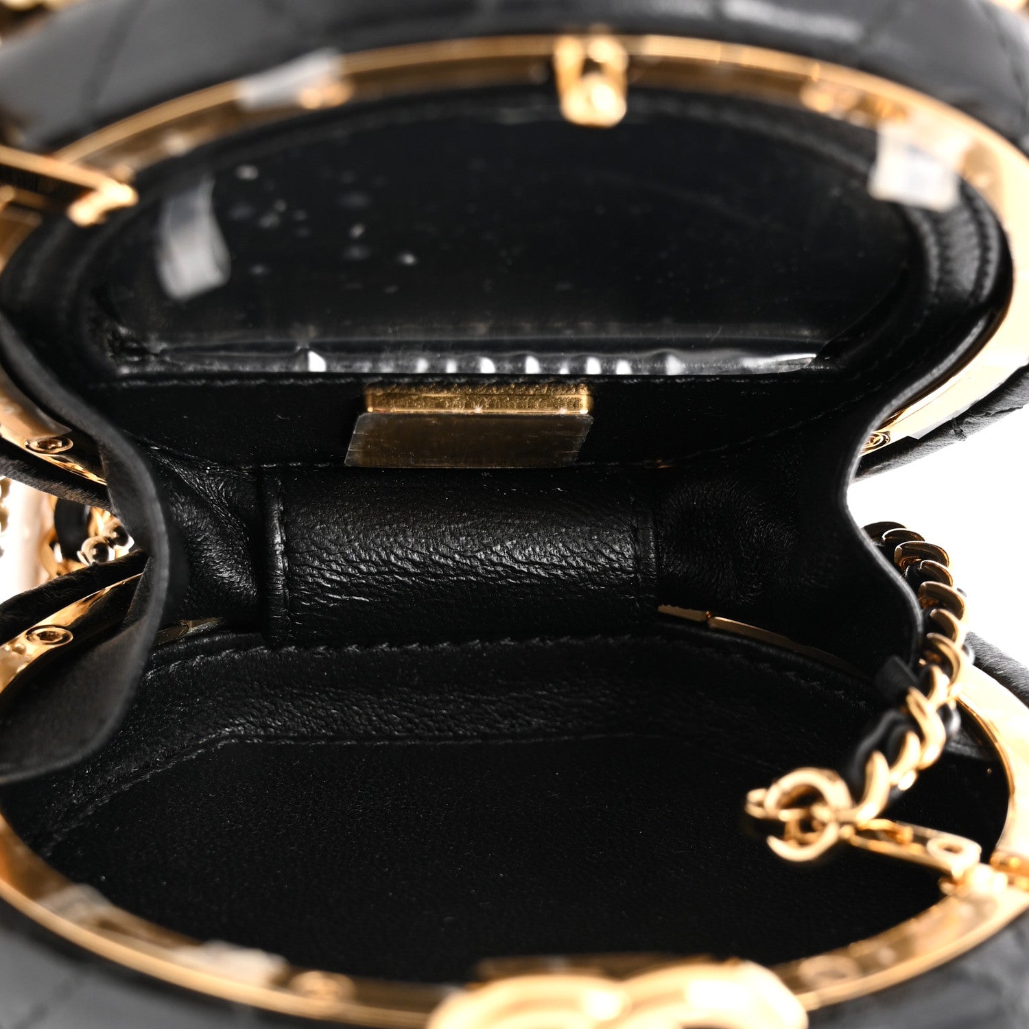 Chanel Lambskin Pearl Crystal Lion Round Minaudiere Clutch Black Gold 5 of 12