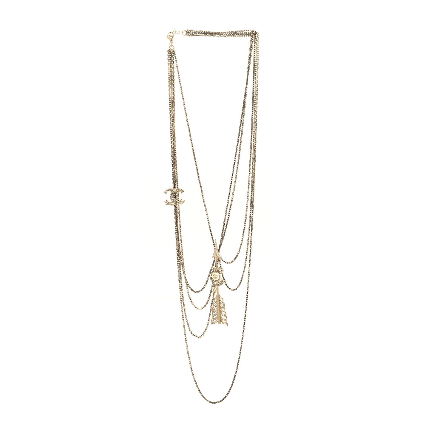 Crystal Pearl Multi Strand Chain CC Arrow Necklace Gold