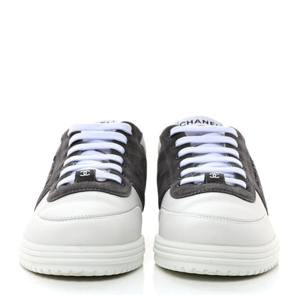 Chanel Calfskin Suede Calfskin Logo Womens Sneakers 37.5 White Gray 2 of 9