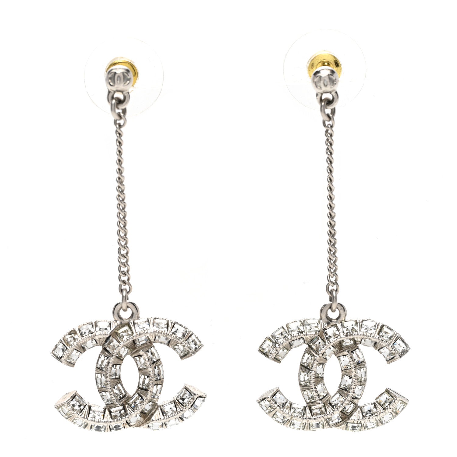 Chanel Baguette Crystal CC Drop Earrings Silver 1 of 5