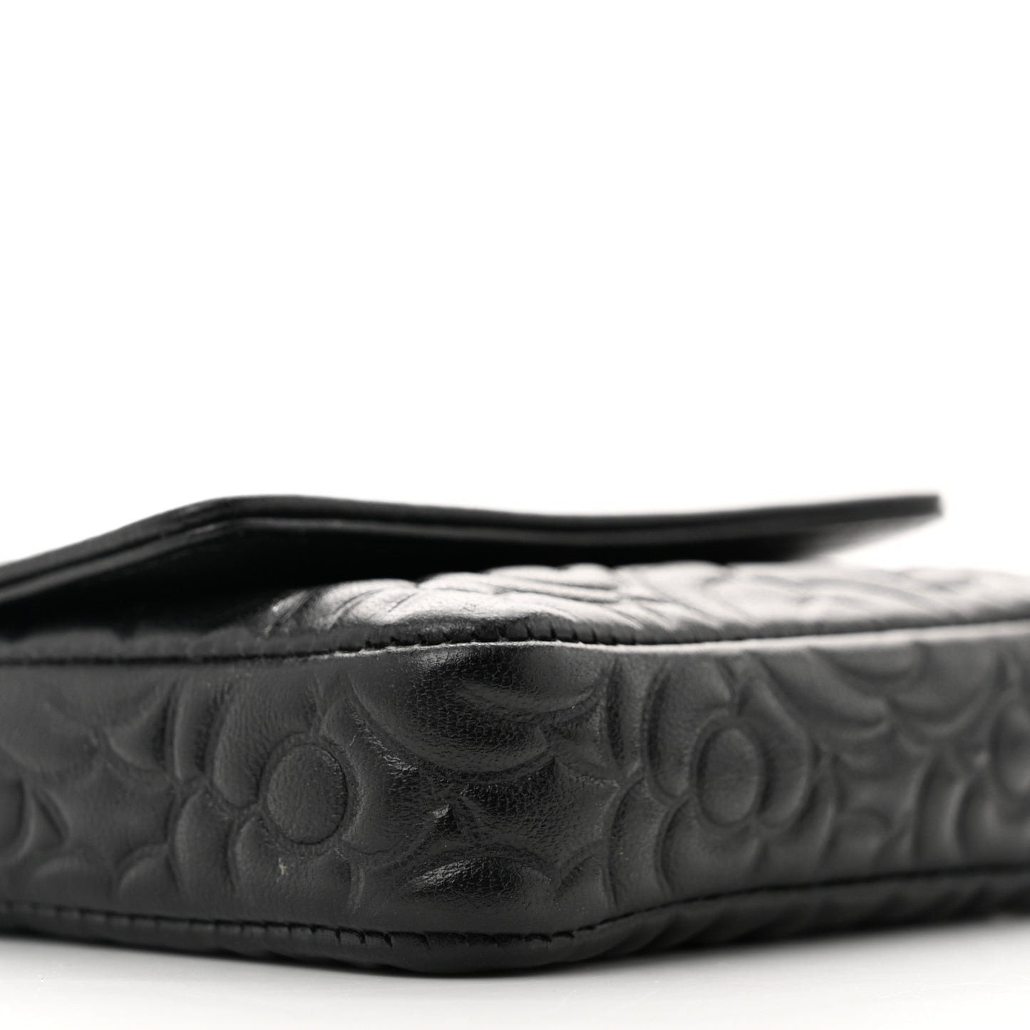 Lambskin Camellia Embossed Chain Belt Bag Black