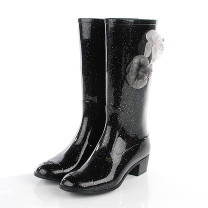 Chanel Rubber Glitter Camellia Rain Boots 36 Black 3 of 7