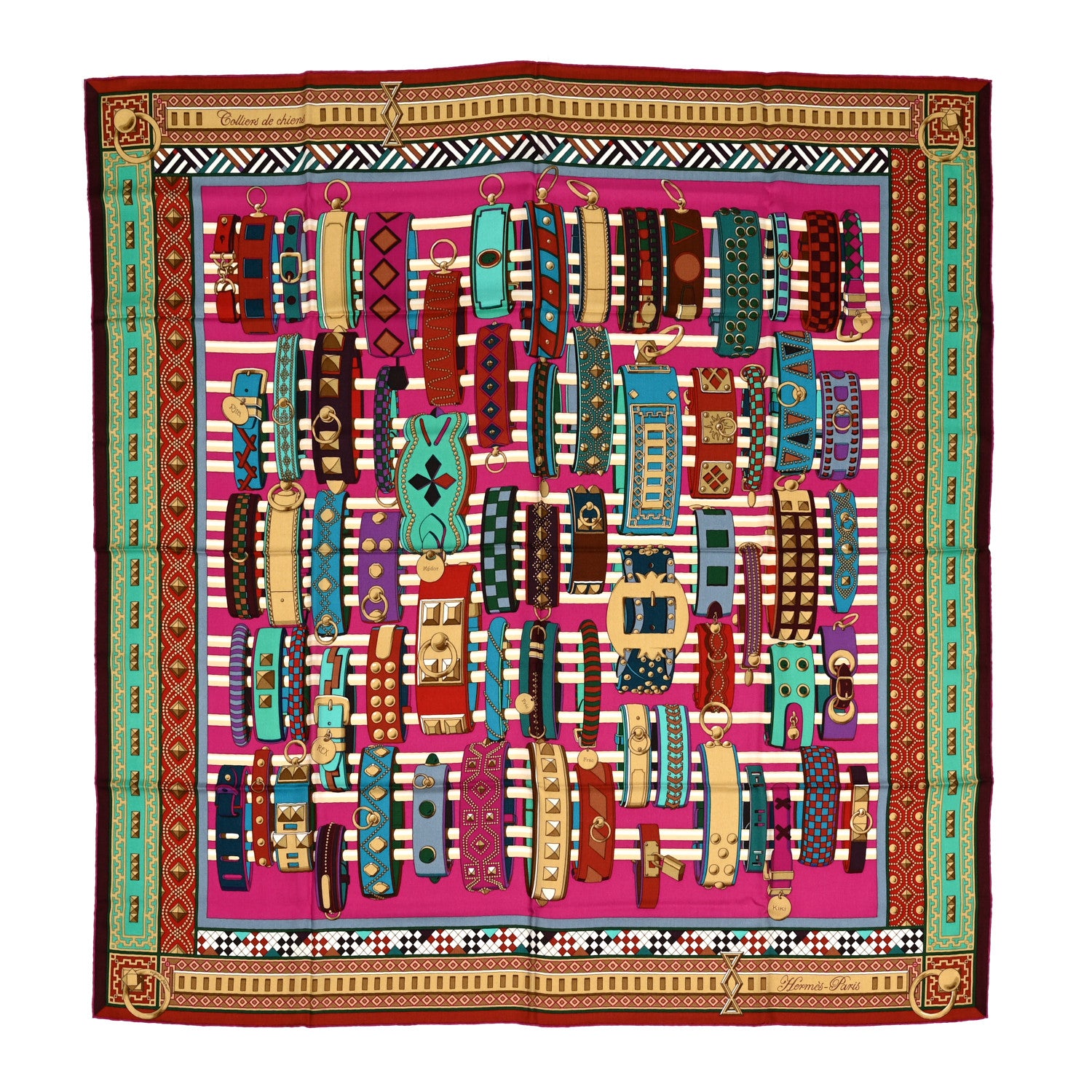 Hermes Cashmere Silk Colliers de Chiens Shawl 140 Fuchsia Turquoise Grenat 1 of 4