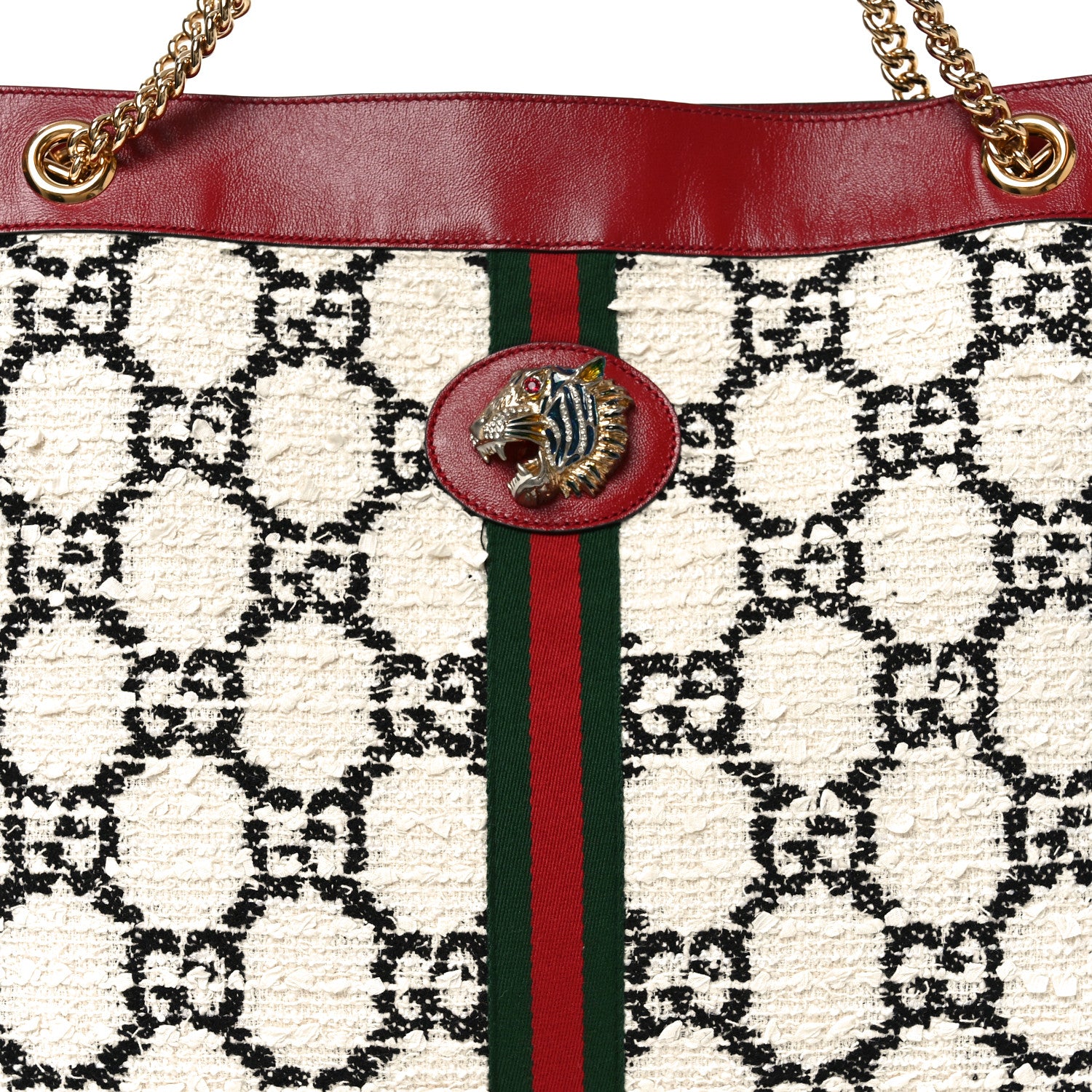 Gucci Tweed GG Monogram Large Rajah Chain Tote White Black Romantic Cherry 9 of 11