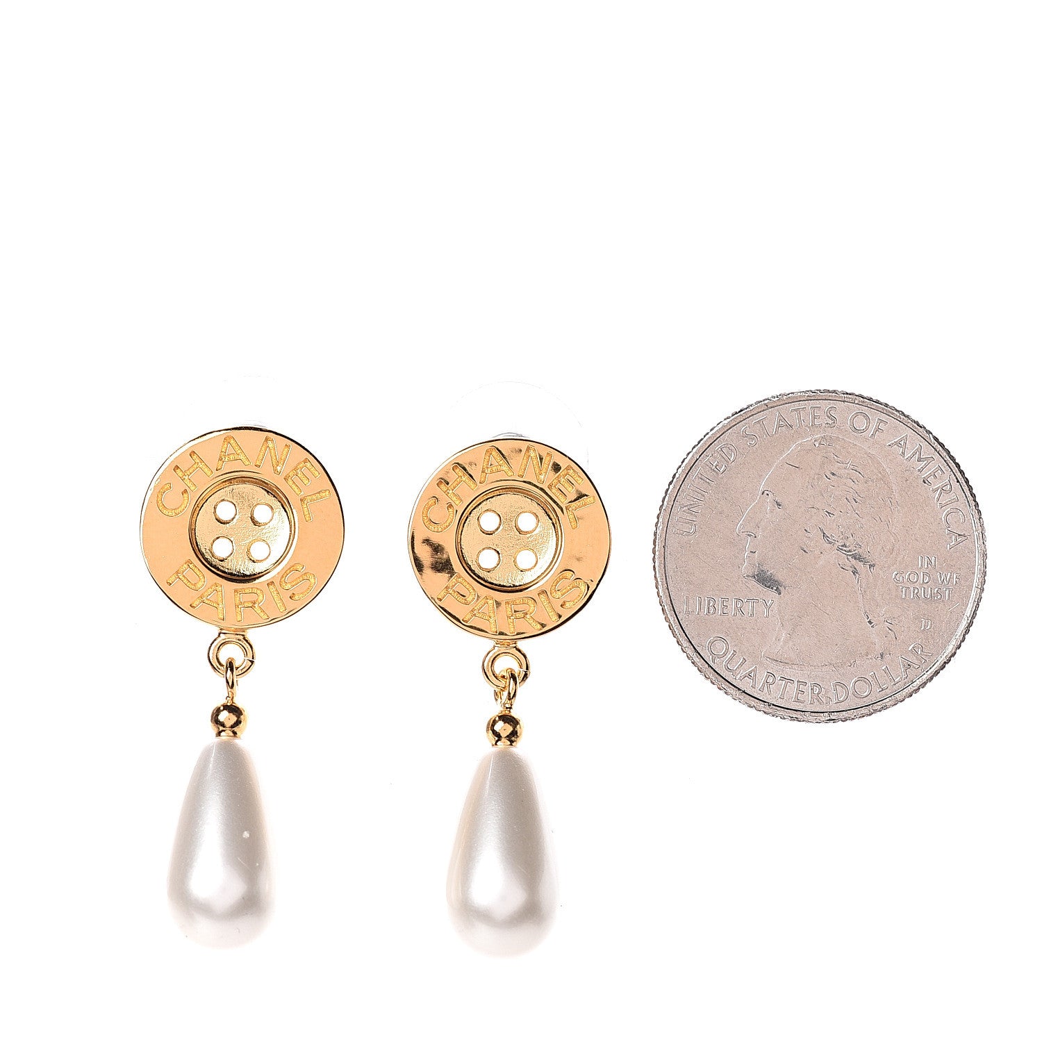 Chanel Metal Pearl Paris Button Drop Earrings Gold 2 of 4