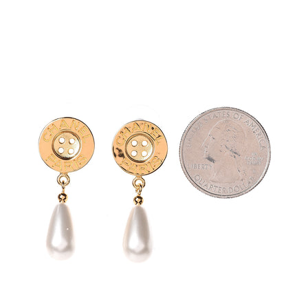 Chanel Metal Pearl Paris Button Drop Earrings Gold 2 of 4