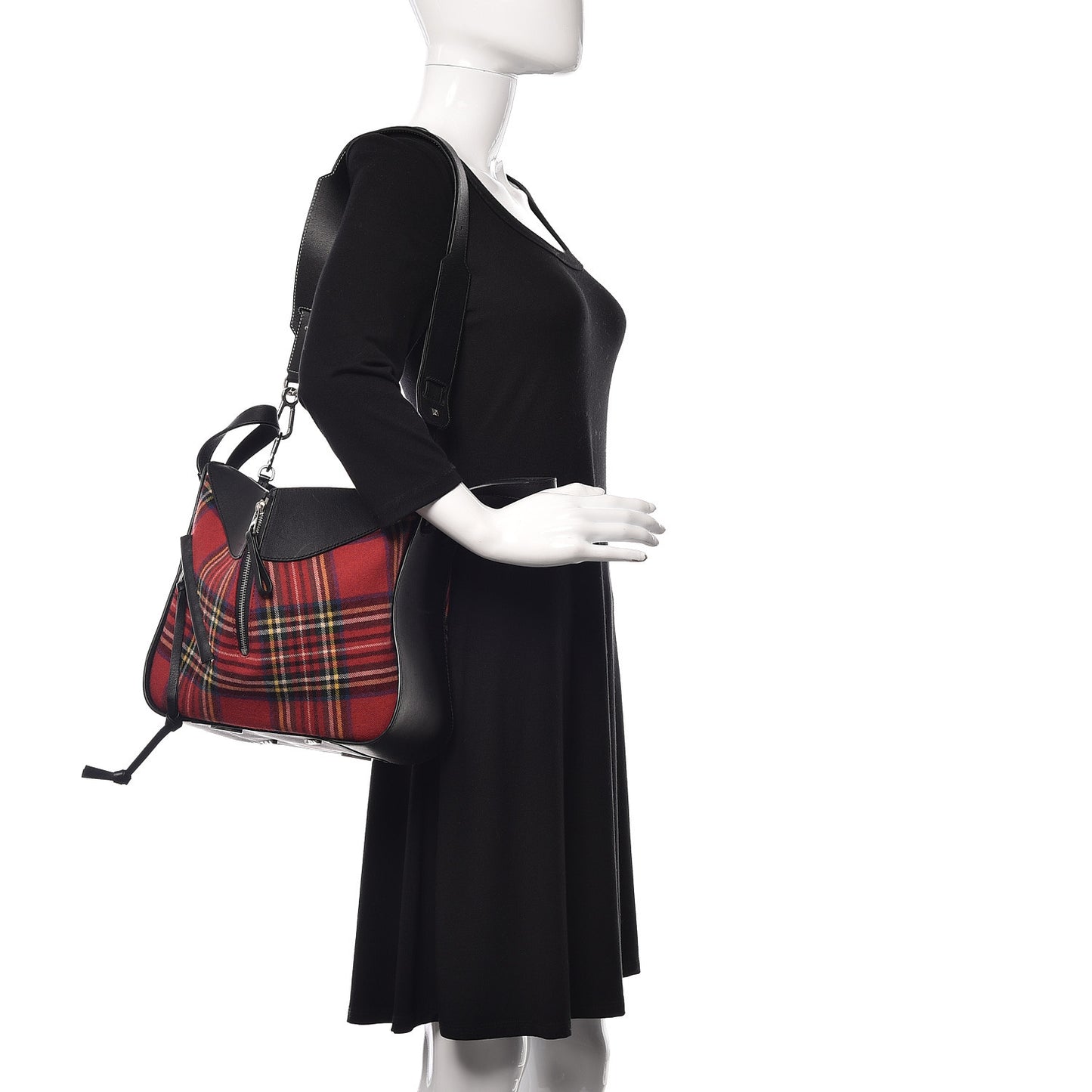 Wool Calfskin Small Hammock Shoulder Bag Black Red Tartan
