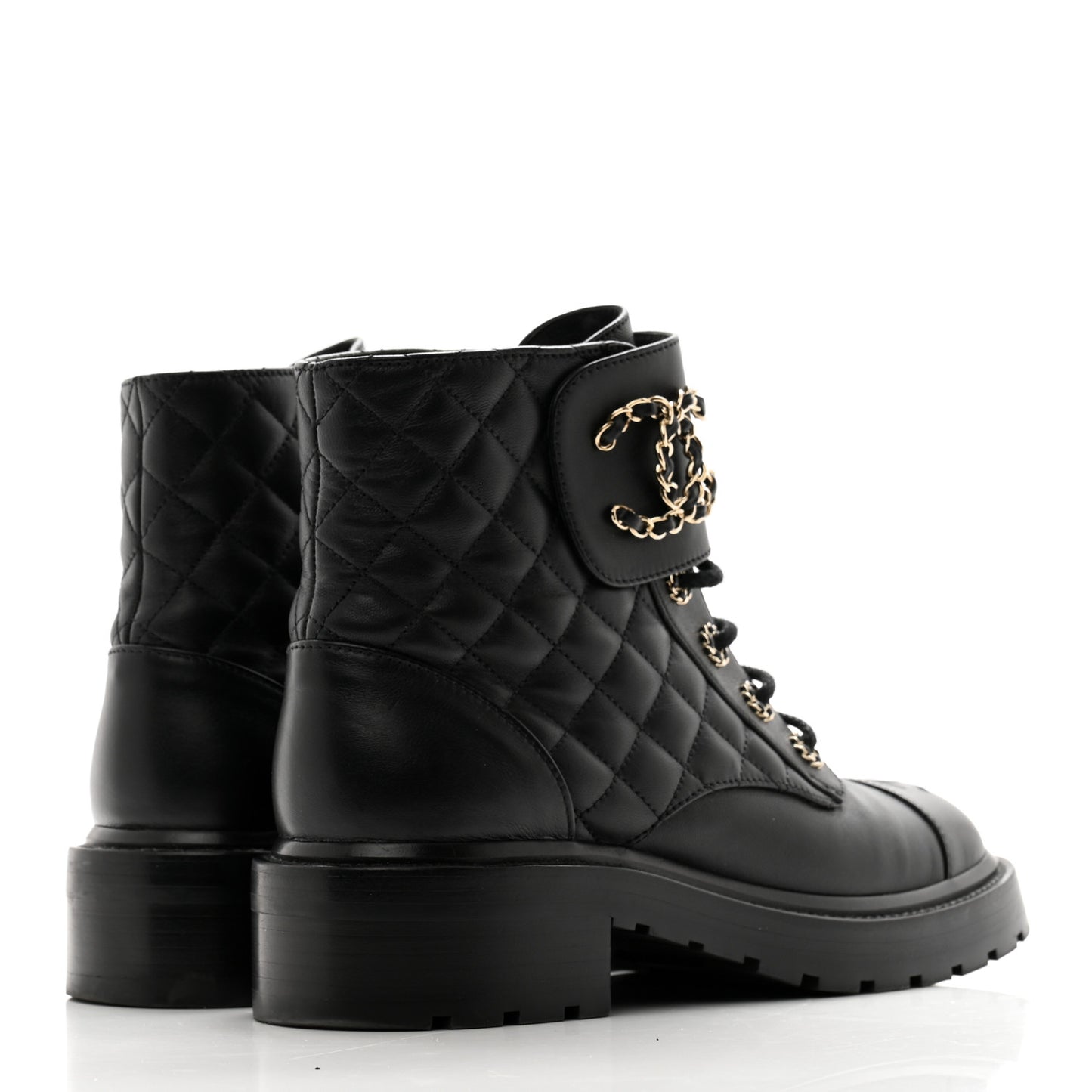 Shiny Lambskin Quilted Lace Up Combat Boots 39 Black