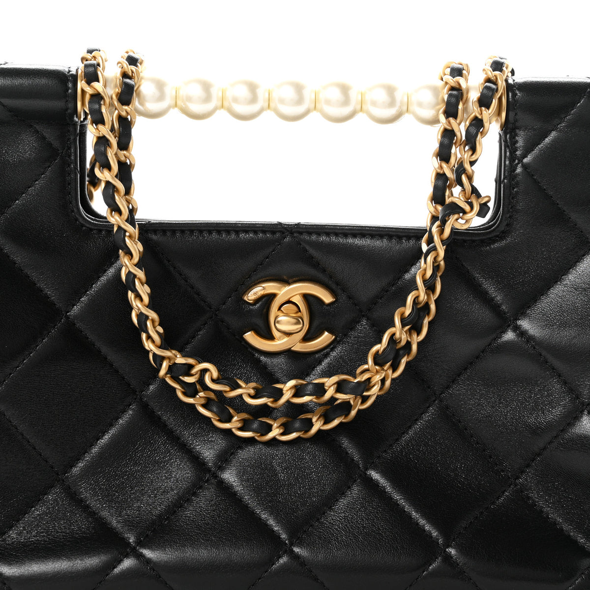 Shiny Lambskin Pearl Small Shopping Bag Black