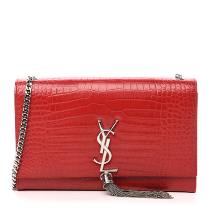 Saint Laurent Calfskin Crocodile Embossed Medium Classic Monogram Kate Tassel Satchel Red 1 of 12