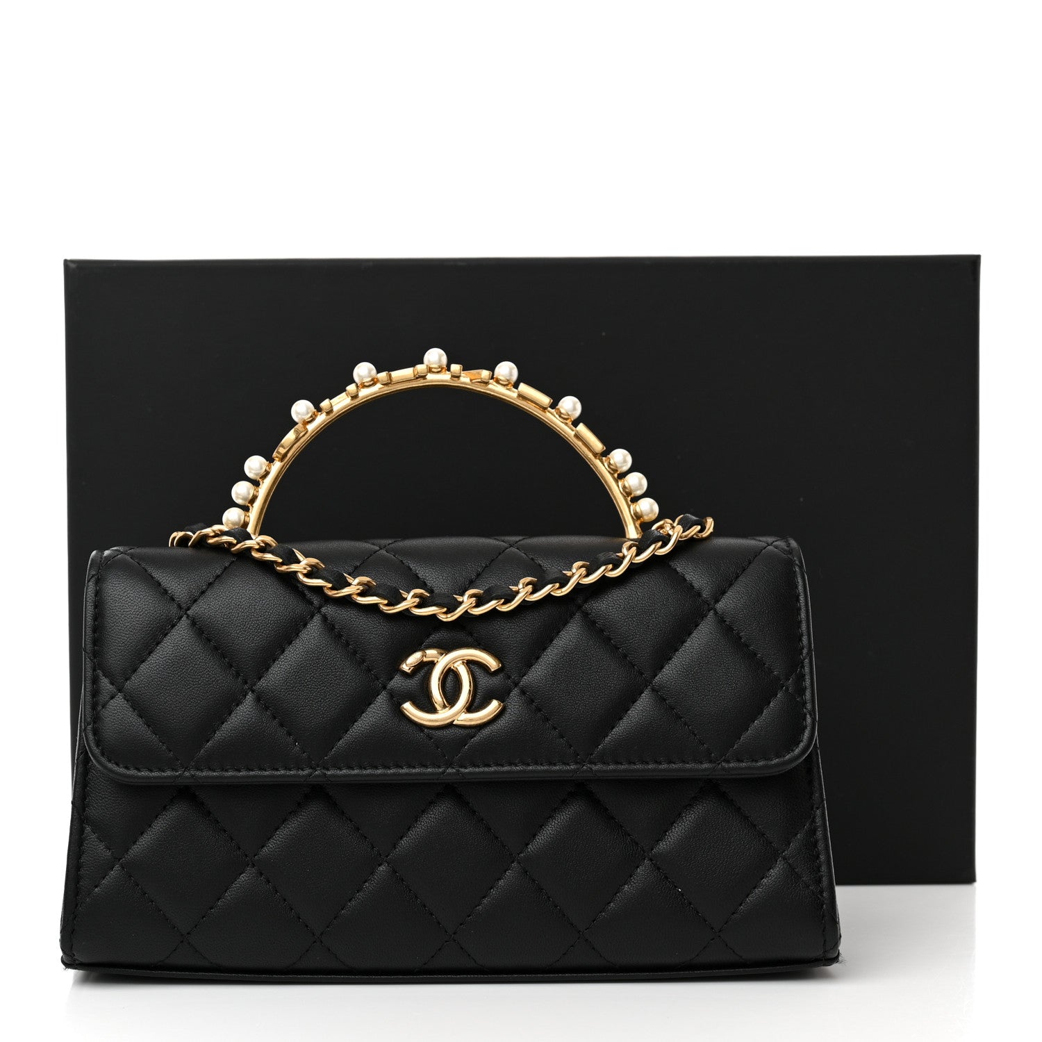 Chanel Lambskin Pearl Crystal Quilted Pearly Girl Handle Flap Phone Holder With Chain Black 12 of 12
