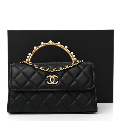 Chanel Lambskin Pearl Crystal Quilted Pearly Girl Handle Flap Phone Holder With Chain Black 12 of 12