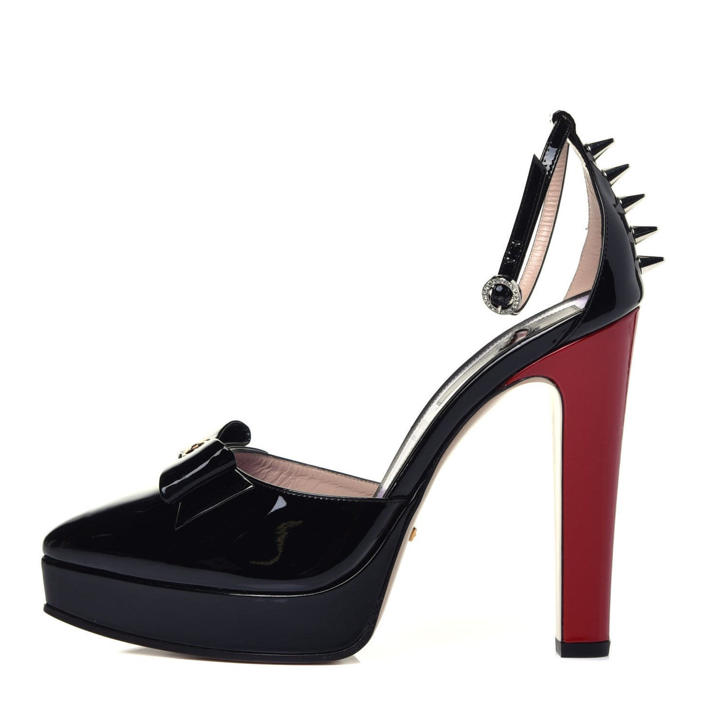 Patent Crystal GG Bow Sadie Spike Ankle Strap d'Orsay Platform High Heel Pumps 39 Black
