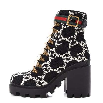 Gucci Tweed GG Monogram Lace Up Combat Ankle Boots 35 Black 1 of 11