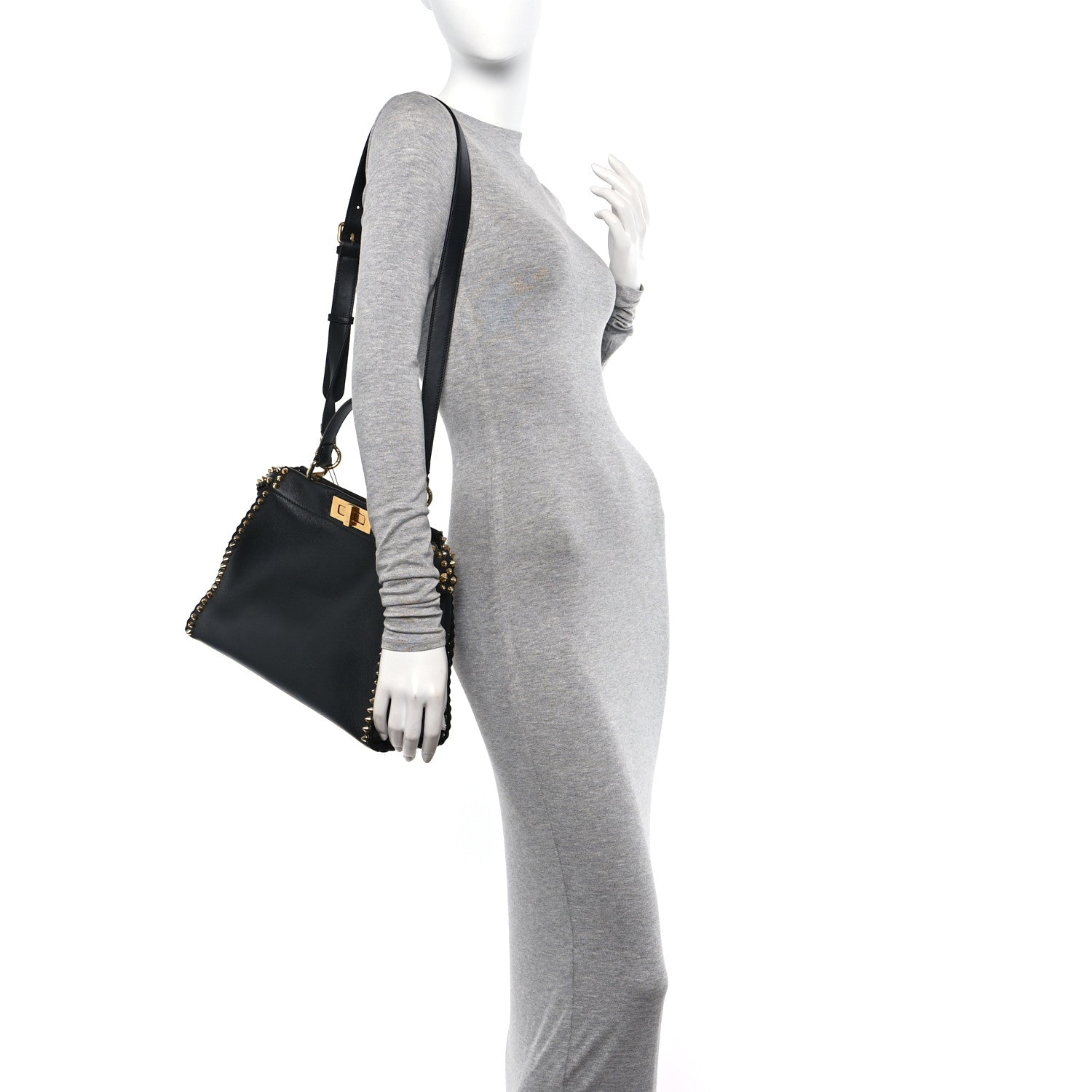 Fendi Vitello Seta Shiny Nappa Scalloped Studded Medium Peekaboo Iconic Satchel Black 2 of 14
