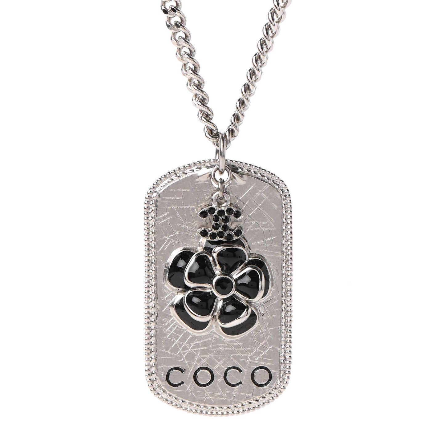 Enamel ID Dog Tag Camellia Charm Necklace Silver