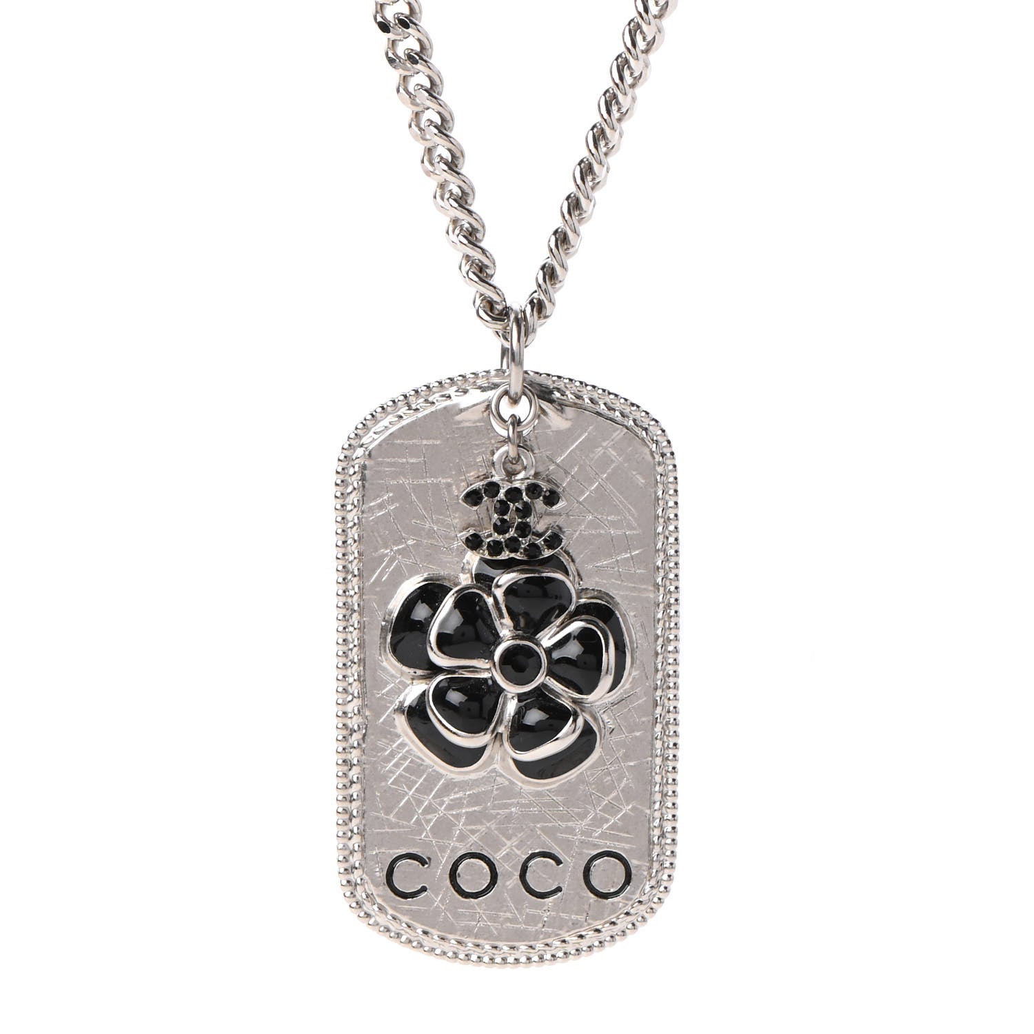 Chanel Enamel ID Dog Tag Camellia Charm Necklace Silver 4 of 6