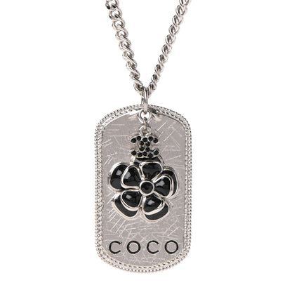 Chanel Enamel ID Dog Tag Camellia Charm Necklace Silver 4 of 6
