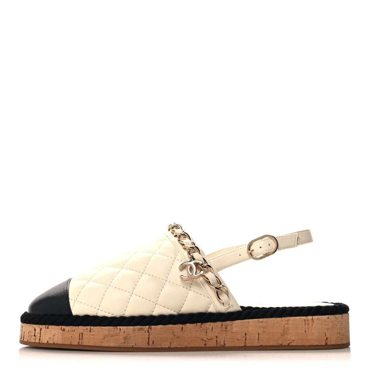 Chanel Lambskin Calfskin Cap Toe Chain Mules Sandals 39 Ivory Black 1 of 8