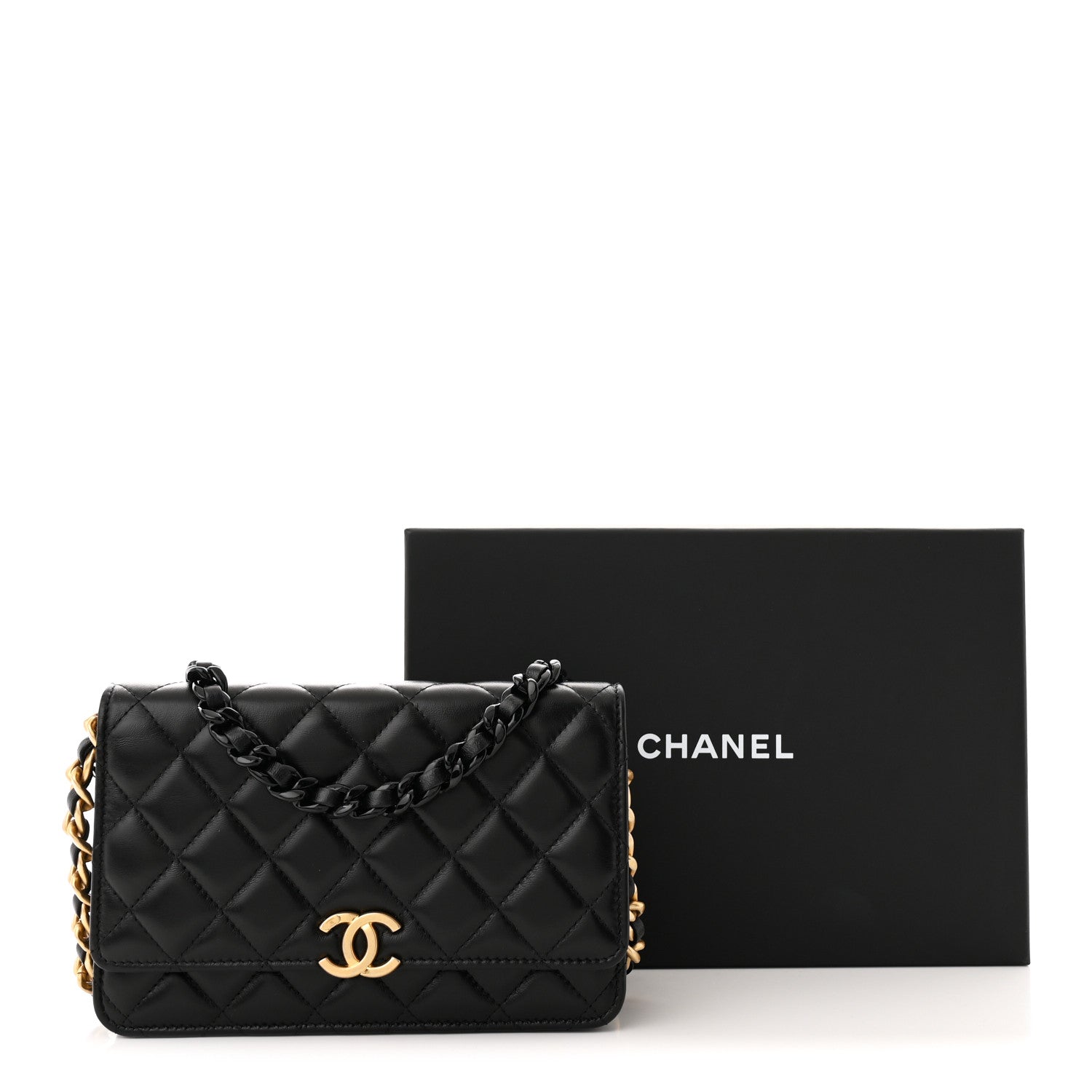 Chanel Lambskin Resin Quilted Wallet On Chain WOC Black 12 of 12